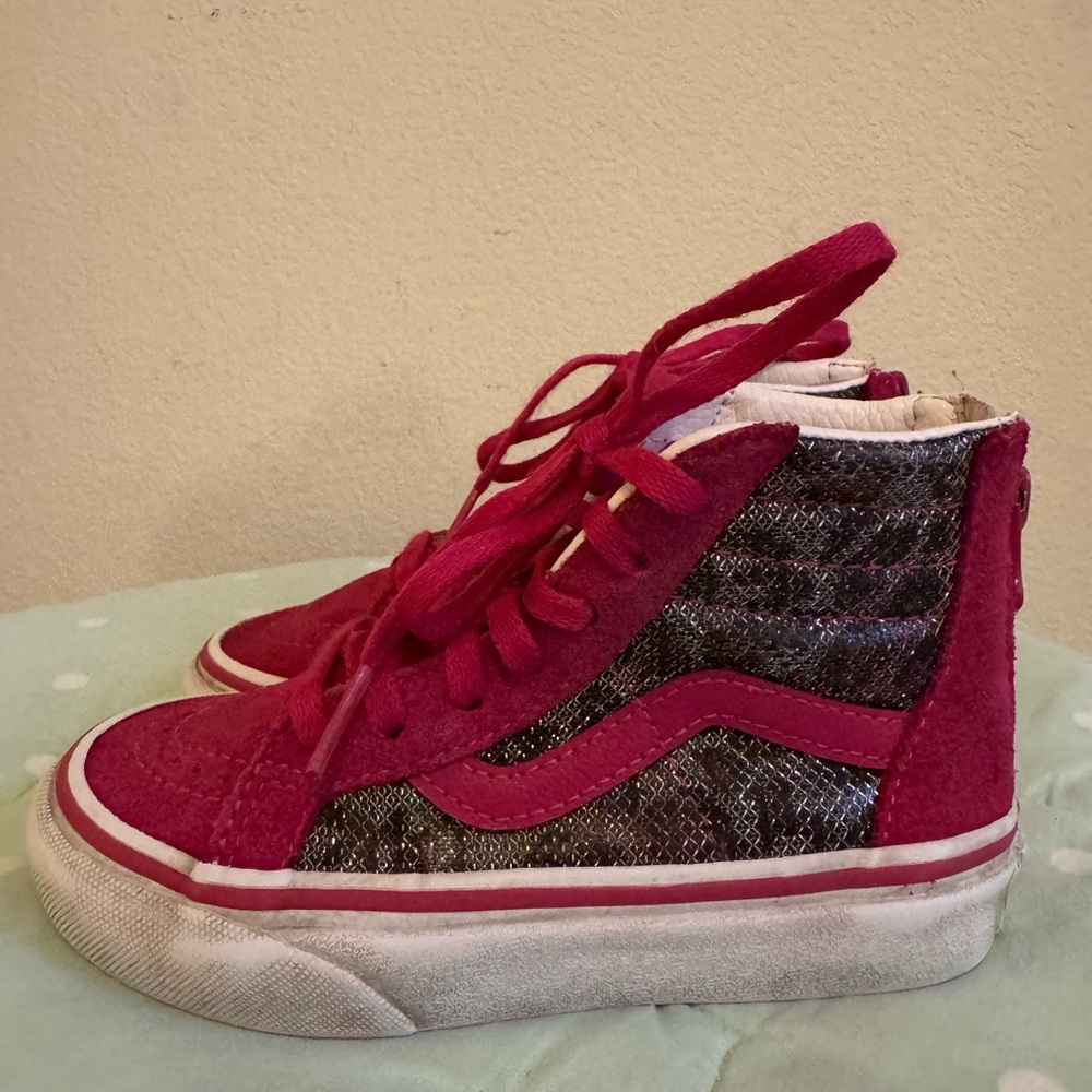 Vans Sk8-Hi Fuschia Pink/ Silver Zip Back Kids Size 11